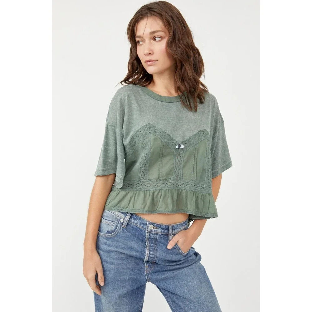 Free People NWT Fall in Love Lace Inset Ruffle Bottom Tee Washed Army Medium New - Picture 1 of 10